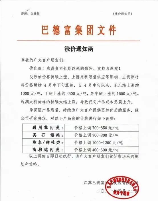 涨价潮再起？沥青/SBS/丙烯酸等连日上涨，巴德富又双叒叕涨价了